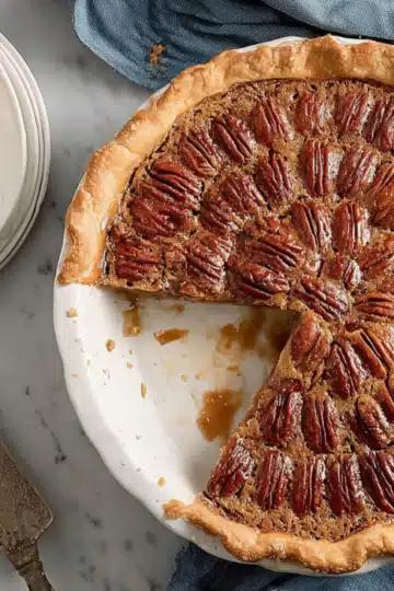 Top view pecan pie with slices removed
