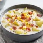 Classic corn chowder soup with crispy bacon topping, yellow corn kernels, and potato pieces in creamy white broth served in gray bowl