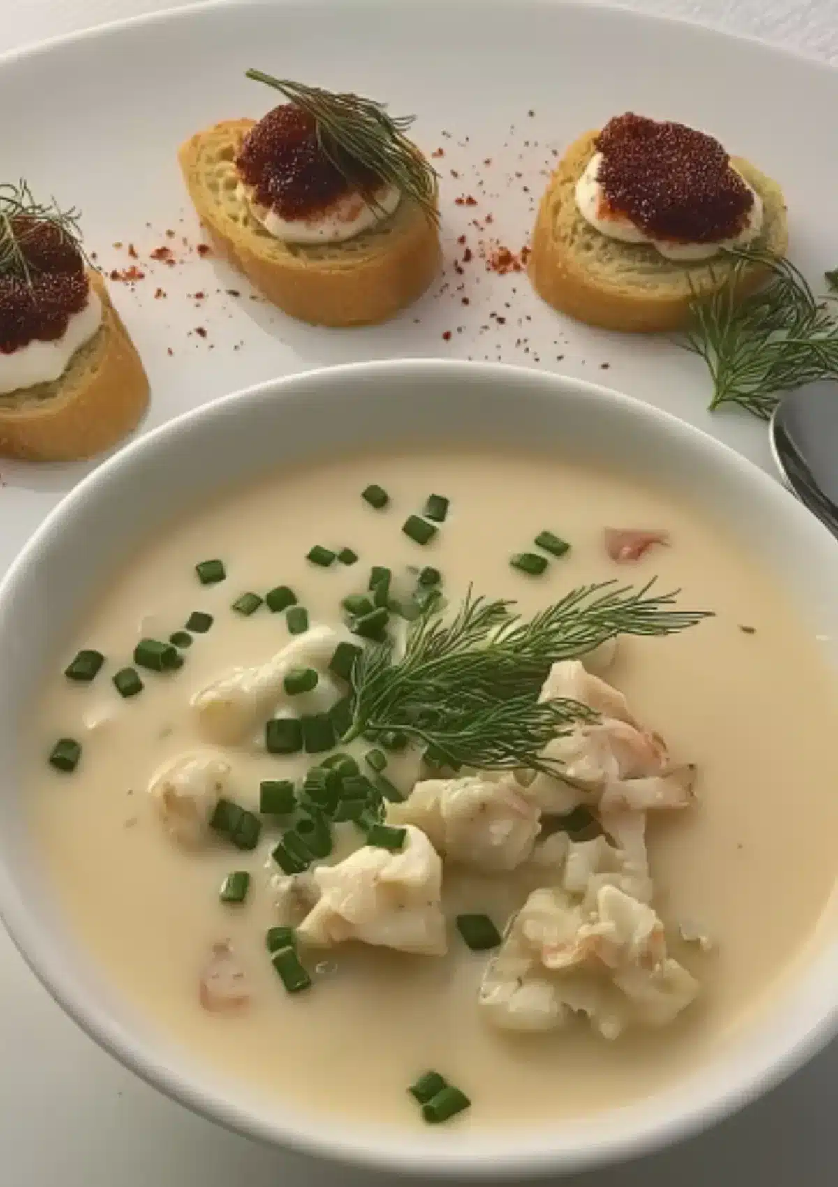Overhead shot of she-crab soup in shallow white bowl showing creamy pale soup base, large chunks of white lump crabmeat, chopped fresh chives, fresh dill garnish, with three crostini appetizers topped with bacon jam and dill
