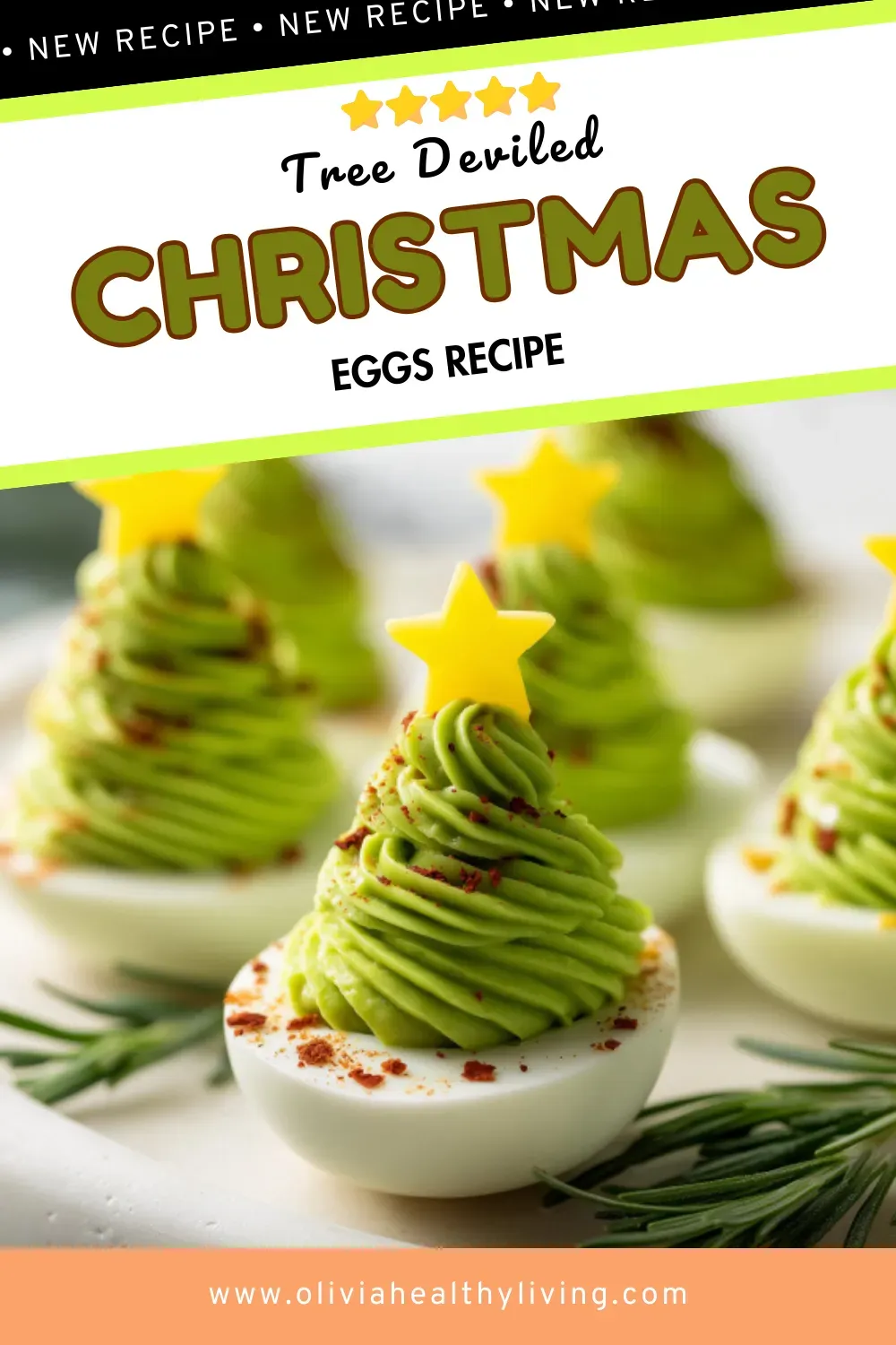 Close-up of Christmas tree shaped deviled eggs with green avocado filling, yellow star toppers, and red pepper flake ornaments arranged on white serving plate