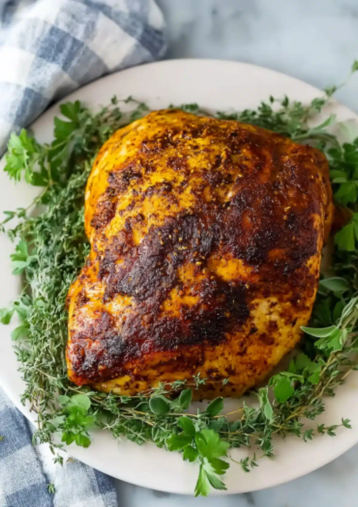 Whole roasted turkey breast on platter with herbs