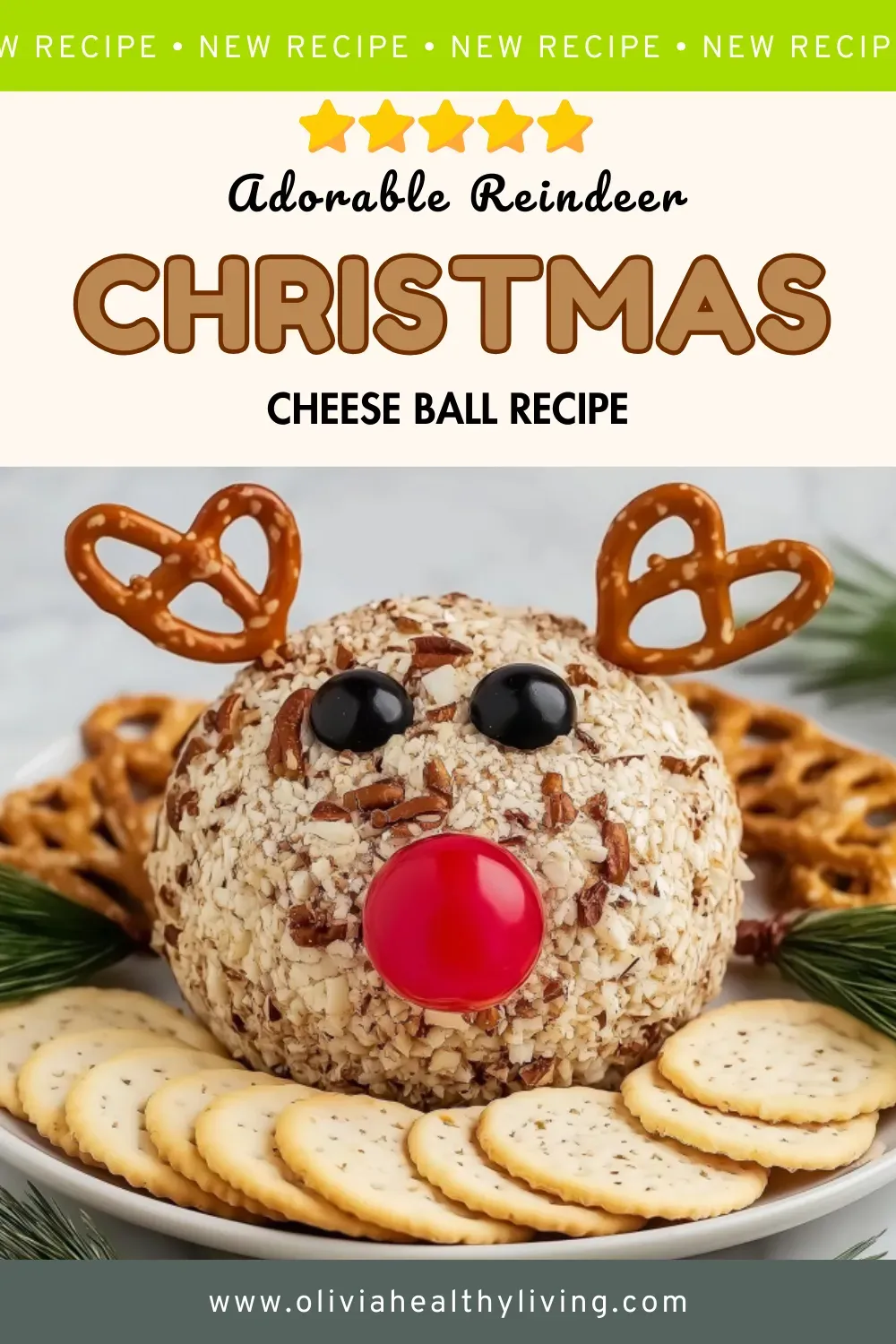 Christmas reindeer cheese ball decorated with pretzel antlers, black olive eyes, and red cherry tomato nose, coated in chopped pecans and served with crackers on a white platter