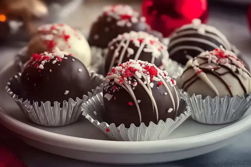 Elegant display of assorted chocolate peppermint truffles on white plate featuring dark chocolate, white chocolate, and various candy topping combinations including crushed peppermint and drizzle designs