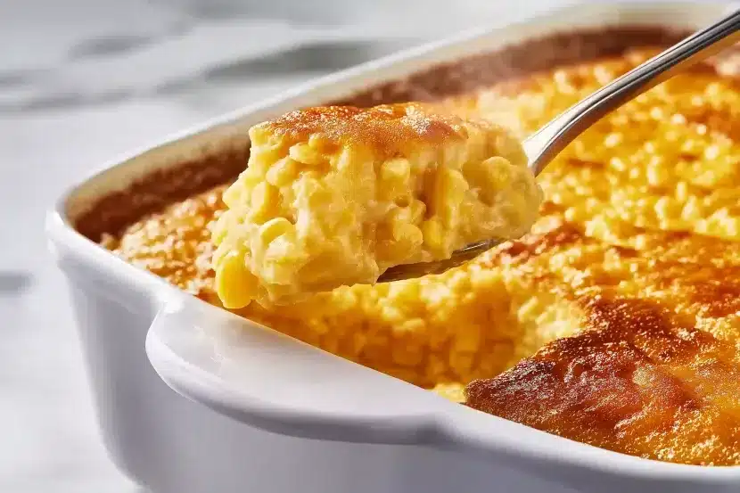 Spoon lifting portion of baked corn pudding showing creamy interior texture with whole corn kernels and golden caramelized crust in white ceramic dish
