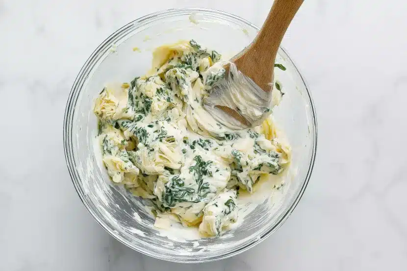 Freshly baked hot spinach artichoke dip with melted cheese and golden brown spots served with toasted baguette slices on marble surface