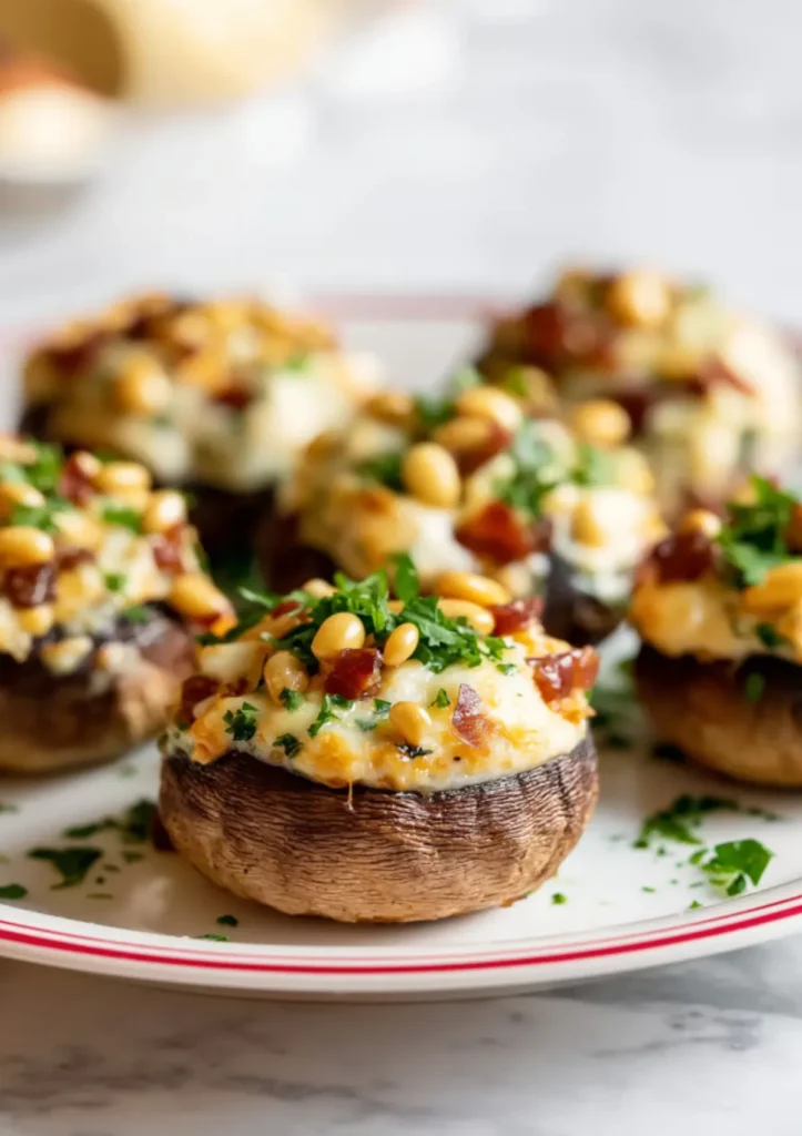 Close-up side view of creamy cheese stuffed mushrooms with crispy prosciutto and toasted pine nuts on festive plate