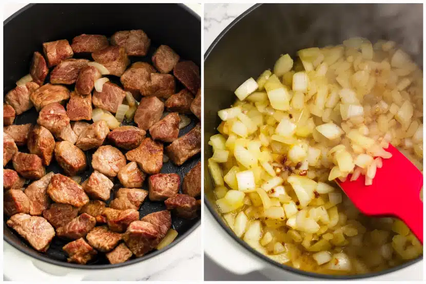 Split image showing two critical steps in making beef stew. Left panel displays perfectly seared beef stew meat cubes with deep golden-brown caramelized crust arranged in a black skillet, some pieces showing white onion underneath. Right panel shows diced yellow onions and minced garlic being sautéed in butter in a stainless steel pot, with a bright red silicone spatula stirring the translucent, softened aromatics.
