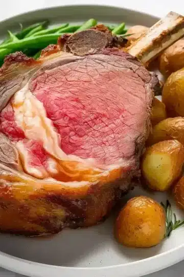 Bone-in prime rib Christmas roast served with crispy roasted potatoes and steamed green beans on elegant plate