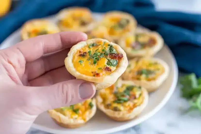 Hand holding single mini quiche with golden crust, melted cheddar cheese, bacon and fresh parsley with more quiches on white plate in background