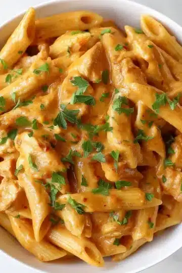 Direct overhead shot of buffalo chicken pasta in white bowl showing penne noodles, shredded chicken, and glossy orange buffalo cream sauce with parsley garnish