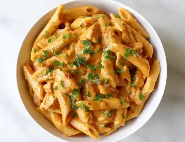 Direct overhead shot of buffalo chicken pasta in white bowl showing penne noodles, shredded chicken, and glossy orange buffalo cream sauce with parsley garnish