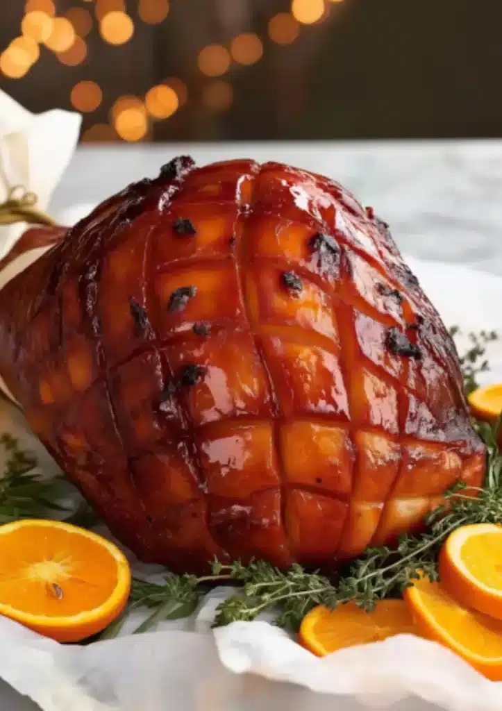 Close-up of whole glazed ham with deep amber caramelized surface, diamond crosshatch pattern studded with cloves, garnished with fresh orange wedges and thyme on white marble surface with Christmas lights bokeh