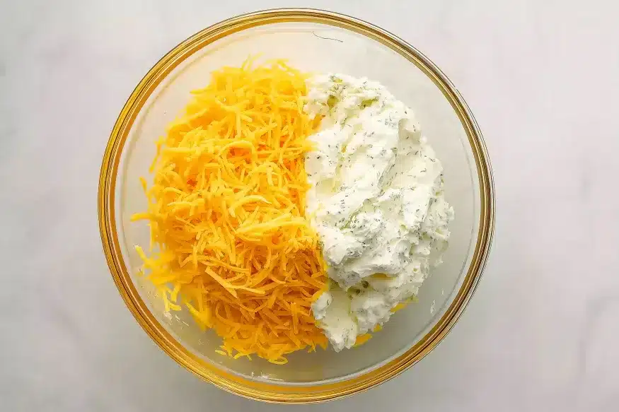Gold-rimmed bowl containing shredded cheddar cheese and herbed cream cheese mixture, showing base ingredients for cheese ball recipe