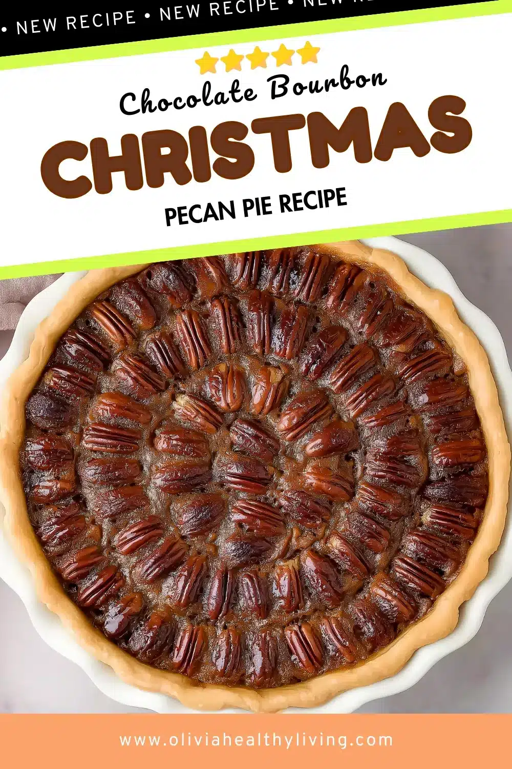 Overhead view of whole chocolate bourbon pecan pie with decoratively arranged pecans in concentric circles in white ceramic pie dish