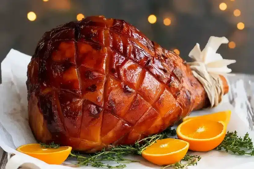 Festive presentation of whole glazed ham with diamond pattern and cloves, cloth-wrapped bone, garnished with fresh orange wedges and thyme on white parchment with dark bokeh background