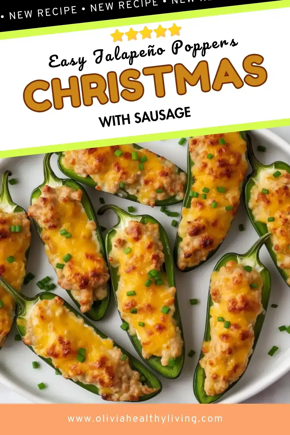 Pinterest pin design featuring cheese-stuffed jalapeño poppers with sausage on a white platter, topped with melted cheddar and fresh chives