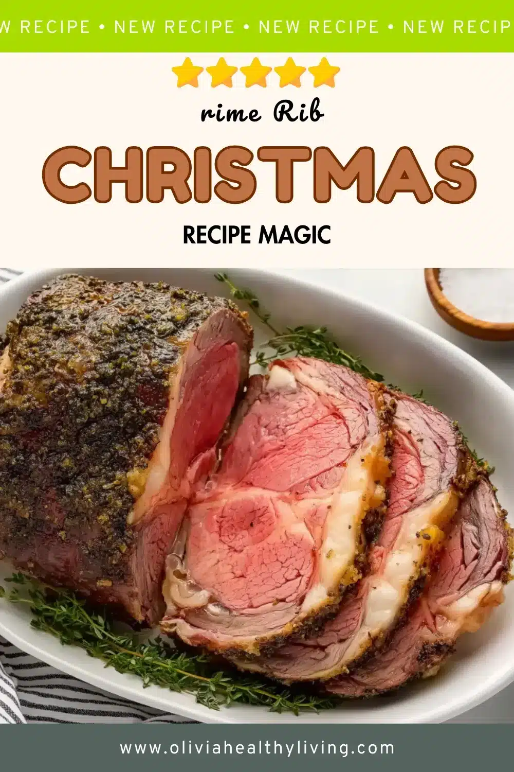 Herb-crusted Christmas prime rib roast sliced to show perfectly pink medium-rare center on white plate with fresh herbs