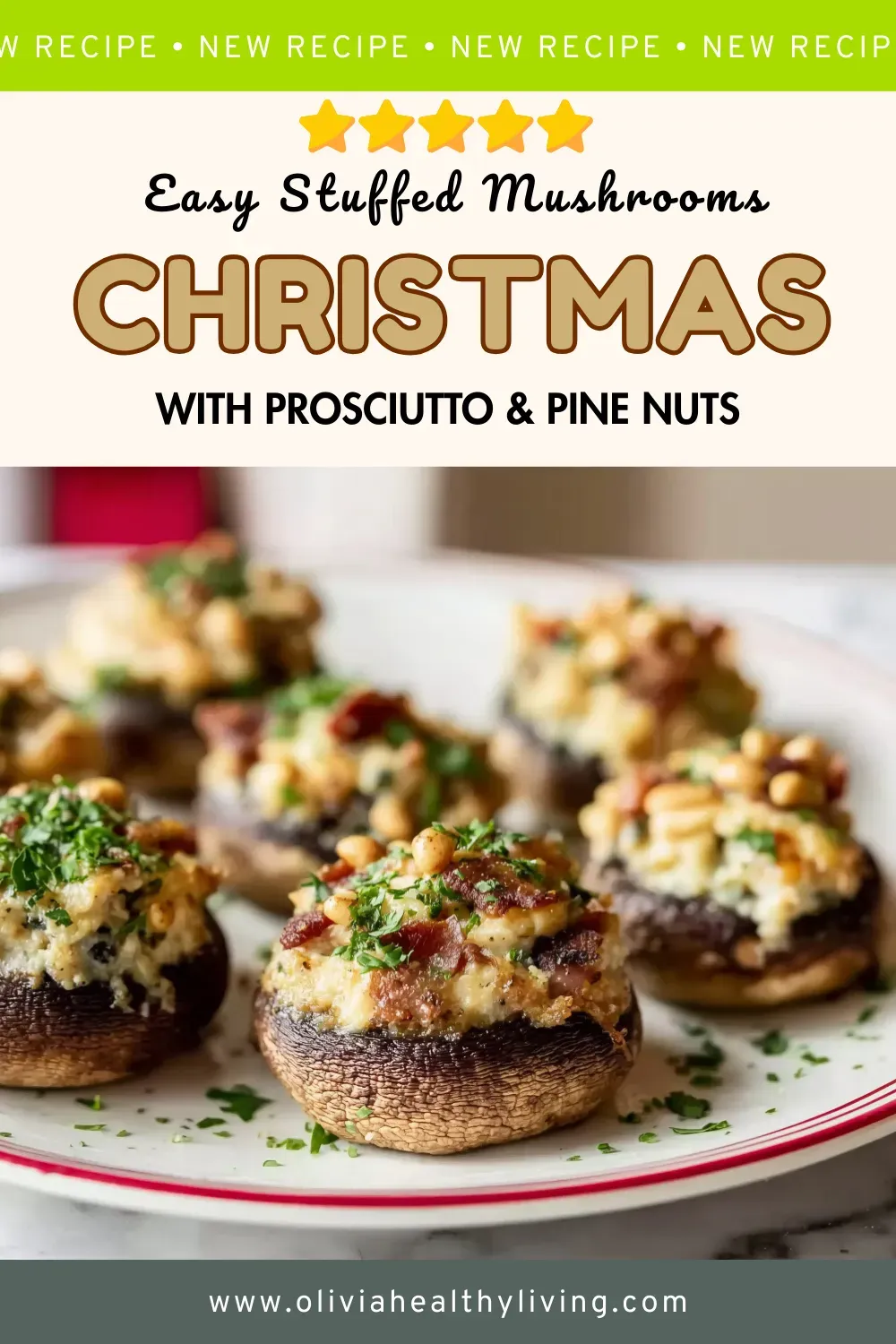 Pinterest pin showing easy stuffed mushrooms Christmas recipe with prosciutto and pine nuts, 5-star rated holiday appetizer