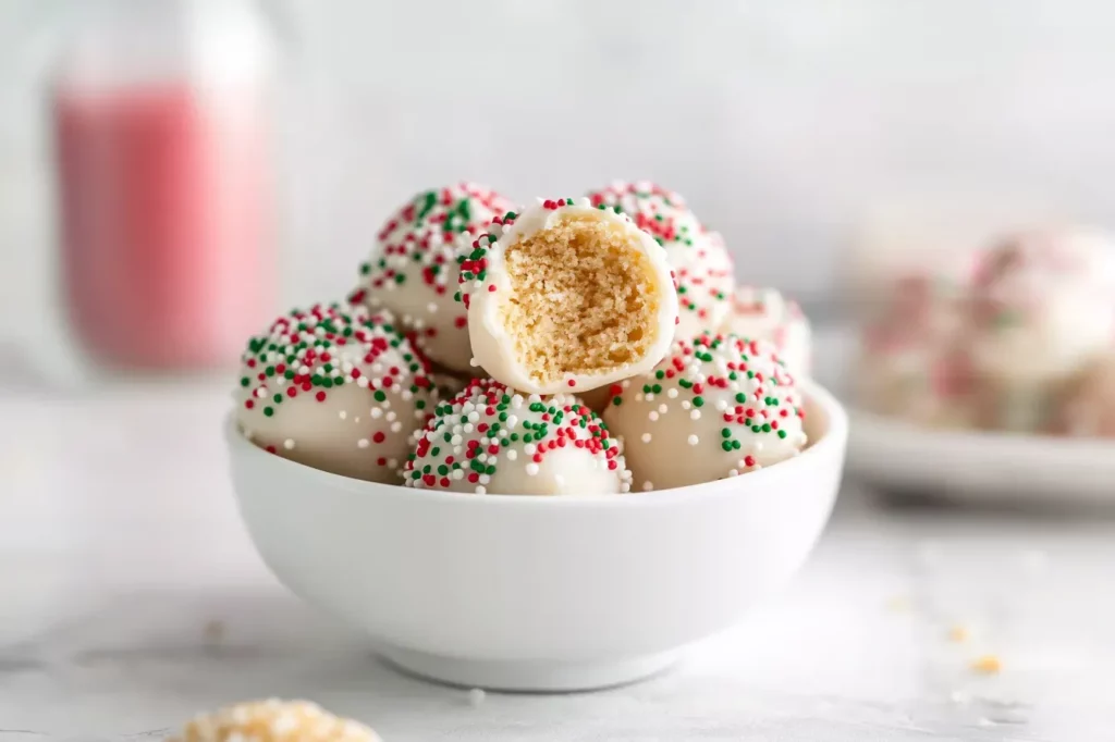 Bowl of Christmas sugar cookie truffles coated in white chocolate and topped with red, green, and white sprinkles, with one truffle showing a bite.