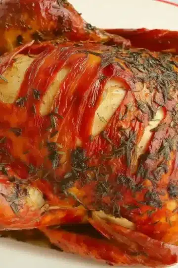 Whole roasted turkey with herb butter and bacon lattice showing crispy golden-brown skin studded with fresh rosemary and thyme, served in white dish with pan drippings