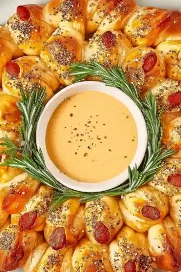 Beautifully styled pigs in a blanket Christmas wreath on white round plate featuring egg-washed crescent rolls wrapped around cocktail sausages in perfect circular wreath pattern, garnished with rosemary sprigs, everything bagel seasoning, and honey mustard dip in center bowl, placed on light marble countertop