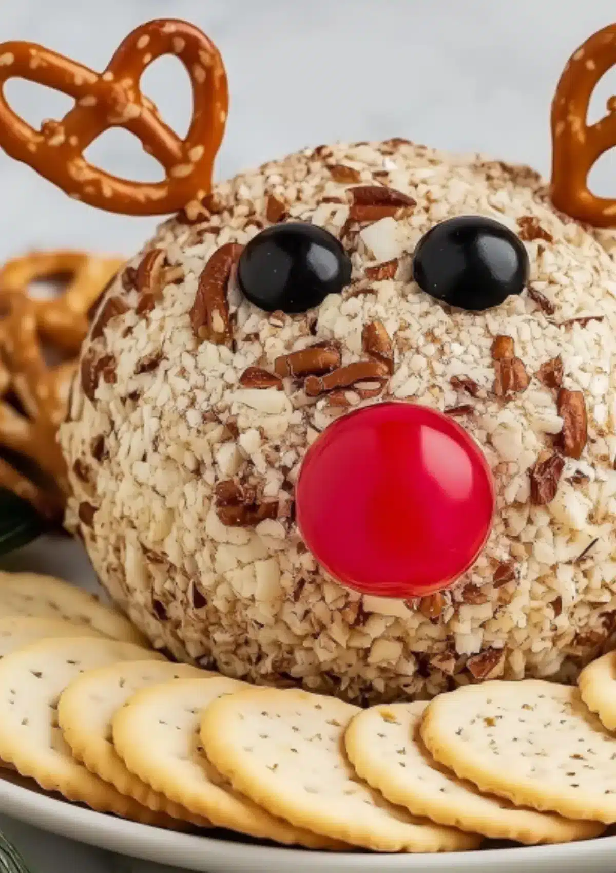 Detailed close-up of Christmas reindeer cheese ball showing texture of chopped pecans coating, black olive eyes, and red nose decoration
