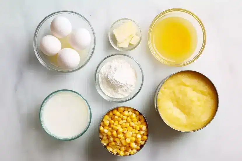 Overhead flat lay of corn pudding ingredients in glass bowls: eggs, butter cubes, melted butter, cornstarch, milk, whole kernel corn, and cream-style corn on white marble background
