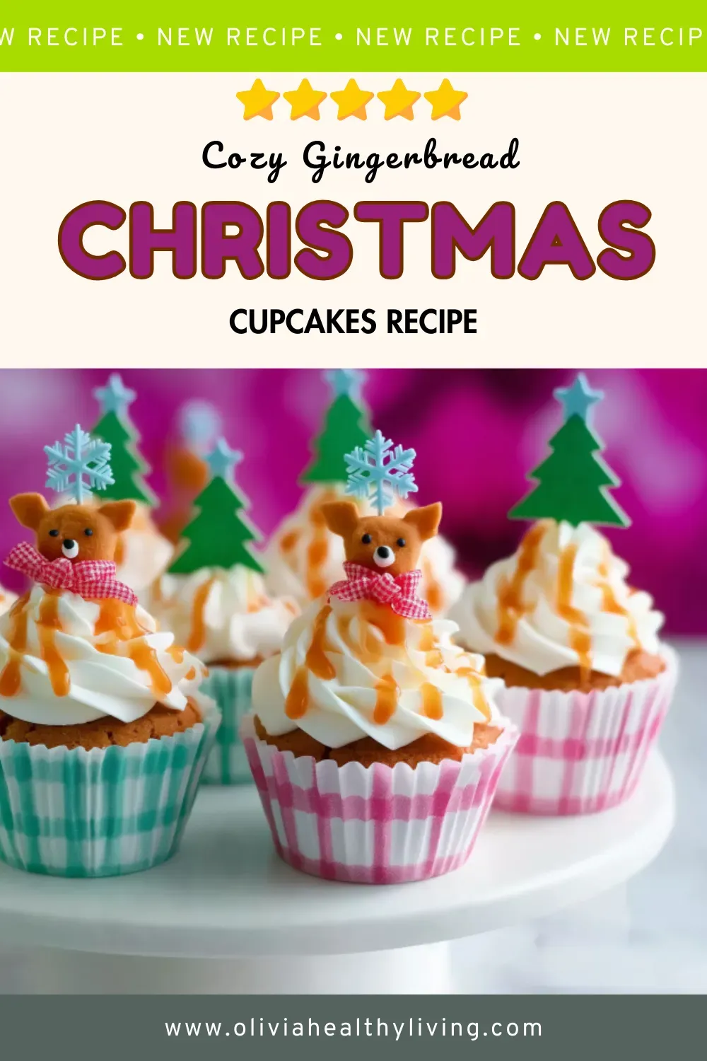 Festive gingerbread Christmas cupcakes with white buttercream frosting, caramel drizzle, and reindeer toppers in pink and teal gingham cupcake liners on white cake stand