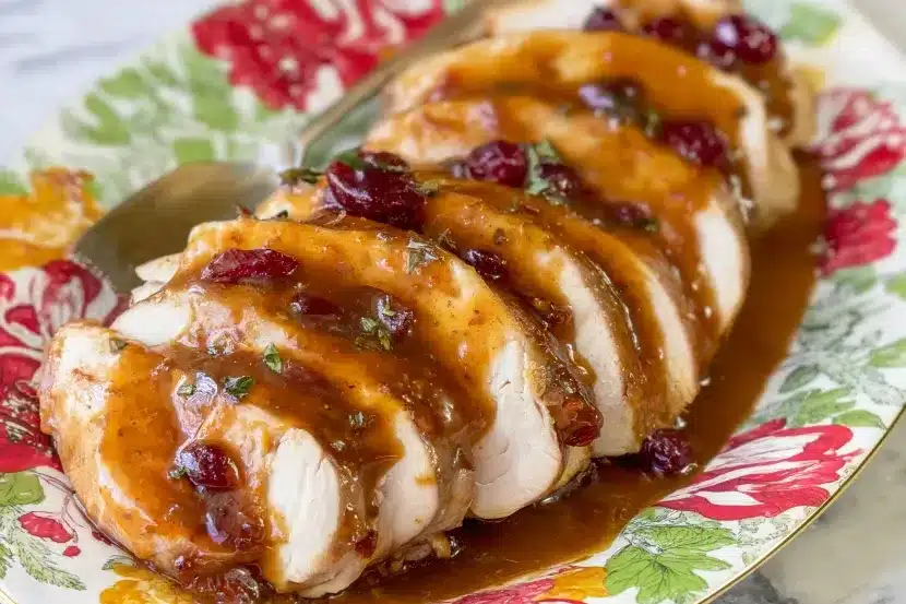 Close-up of succulent turkey breast slices with thick cranberry-orange glaze coating each piece, whole cranberries embedded in the sauce, fresh herbs sprinkled on top, served on decorative floral china