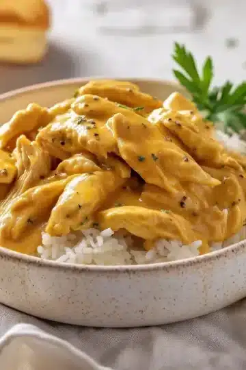 Side view of shredded chicken breast smothered in creamy yellow gravy with black pepper, served over white rice in a white speckled ceramic bowl, garnished with parsley, biscuits in background
