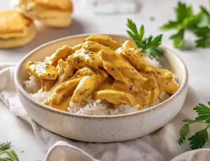 Side view of shredded chicken breast smothered in creamy yellow gravy with black pepper, served over white rice in a white speckled ceramic bowl, garnished with parsley, biscuits in background