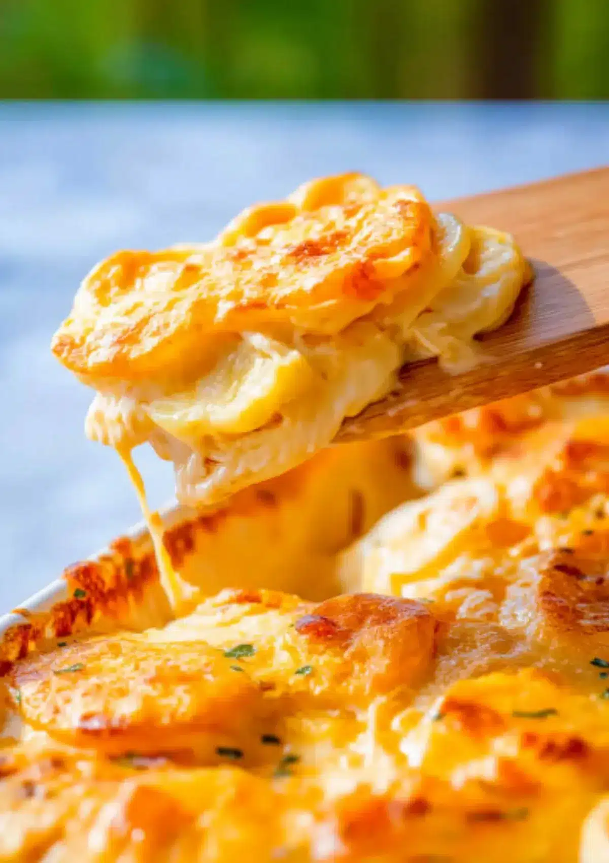 Wooden spatula lifting portion of three cheese scalloped potatoes showing dramatic cheese pull, creamy layers of potatoes with melted Colby Jack, cheddar and parmesan cheese