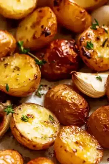 Mix of whole and halved golden roasted baby potatoes with roasted garlic cloves and fresh thyme sprigs on white parchment paper, glistening with olive oil and herbs