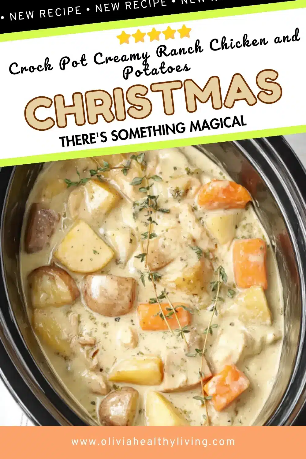 Overhead view of Crock Pot Creamy Ranch Chicken and Potatoes with tender chicken, potato chunks, baby carrots in creamy ranch sauce, Christmas recipe Pinterest graphic with diagonal stripes