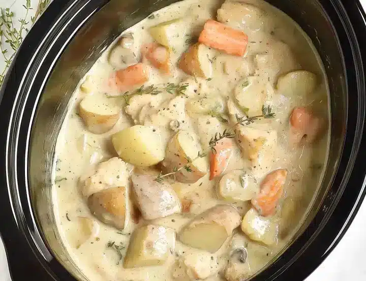 Top view of slow cooker creamy ranch chicken and potatoes recipe with visible potato chunks, baby carrots, tender chicken pieces in creamy beige sauce, garnished with fresh thyme sprigs