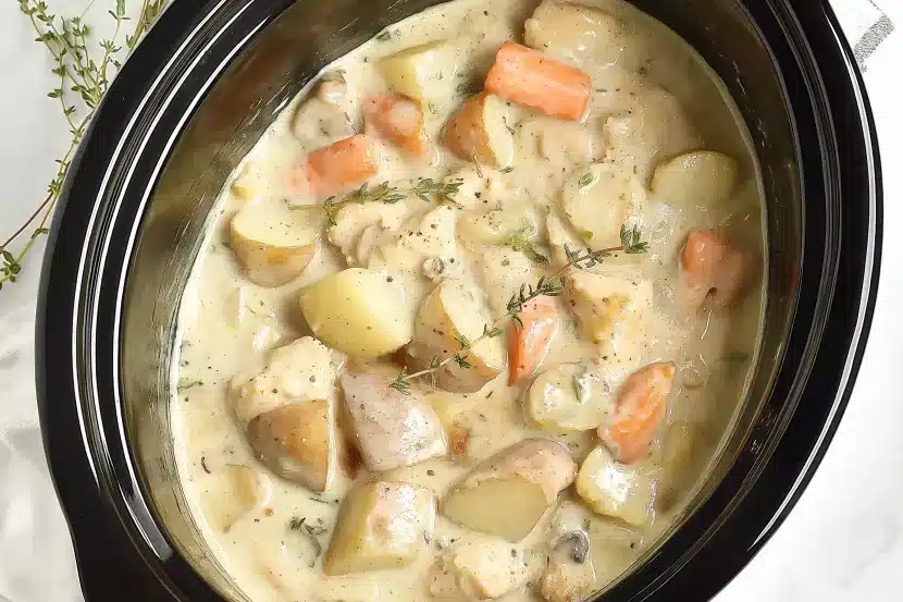 Top view of slow cooker creamy ranch chicken and potatoes recipe with visible potato chunks, baby carrots, tender chicken pieces in creamy beige sauce, garnished with fresh thyme sprigs
