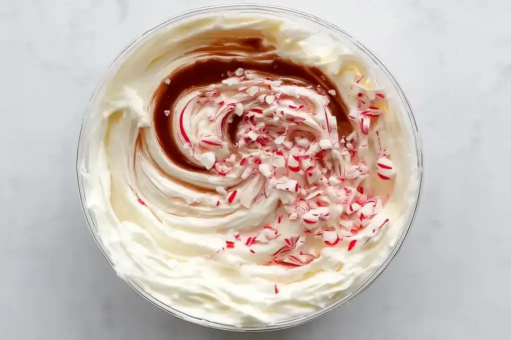 Bowl of whipped cream mixture swirled with vanilla and crushed candy canes for making candy cane peppermint pie filling, easy Christmas dessert printable recipe.