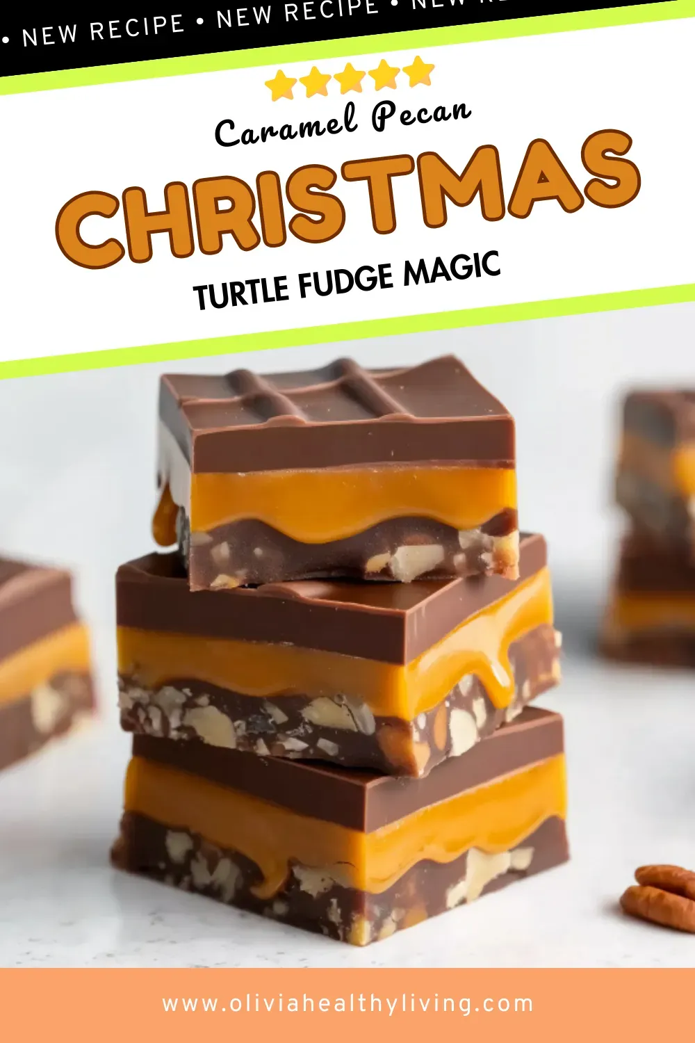 Three-layered turtle fudge squares stacked vertically showing milk chocolate top, bright golden caramel middle, and dark chocolate pecan base, recipe pin with Christmas theme and diagonal lime green design accents