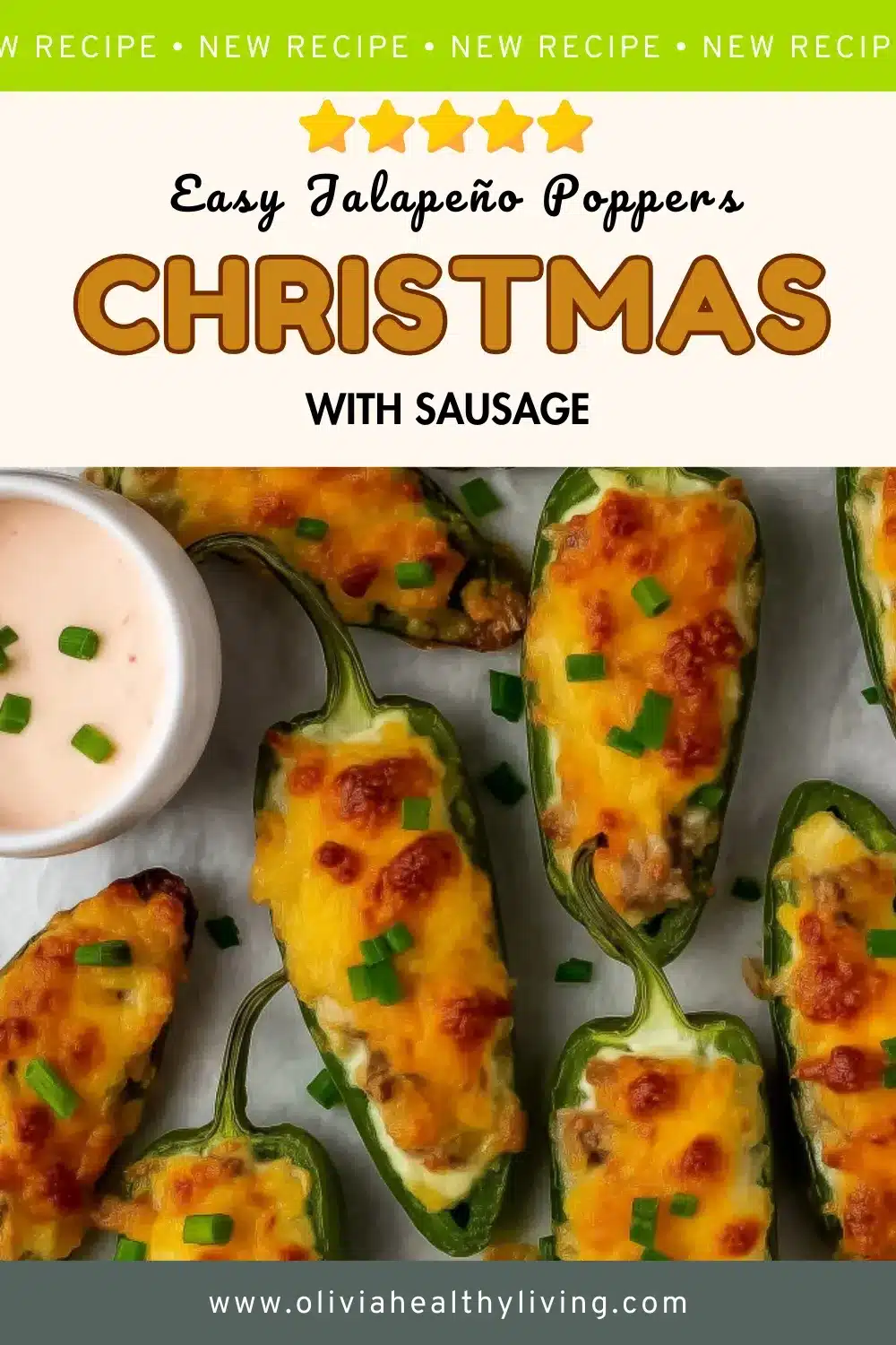 Pinterest pin graphic showing jalapeño poppers filled with sausage and melted cheese, garnished with green onions, with text overlay "Easy Jalapeño Poppers CHRISTMAS WITH SAUSAGE"