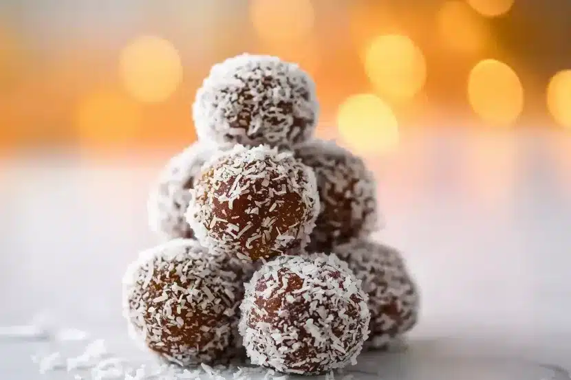 Three-tiered stack of chocolate coconut rum balls with visible texture of white desiccated coconut coating and warm golden Christmas lights creating festive ambiance