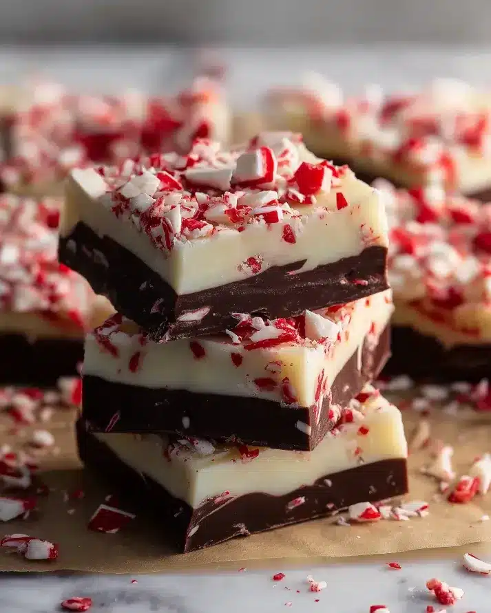 Stack of homemade peppermint bark squares with layers of dark chocolate, white chocolate, and crushed candy canes on top.
