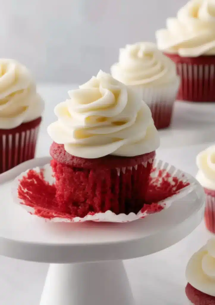 Red velvet cupcake topped with tall swirled cream cheese frosting on white pedestal stand, wrapper peeled back revealing bright red cake interior, soft focus cupcakes in background