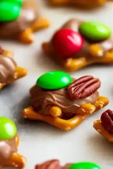 Overhead view of multiple Rolo pretzel bites arranged in neat rows on white marble surface, featuring variety of toppings including red and green M&Ms with white "m" letters and brown pecan halves on melted chocolate