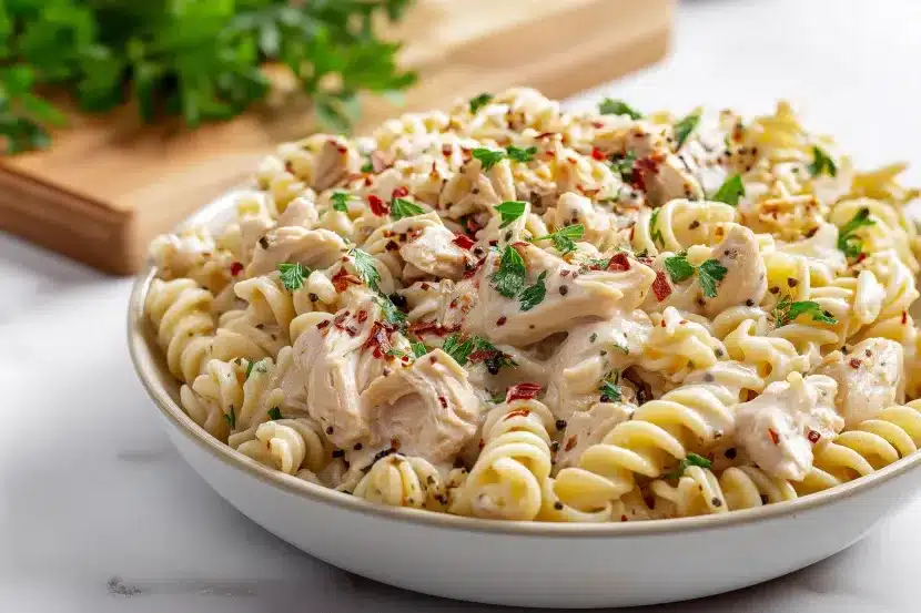 Overhead shot of garlic parmesan chicken pasta in a shallow white bowl on a light marble surface. The dish shows rotini pasta mixed with shredded chicken in a creamy sauce, garnished with fresh parsley and red pepper flakes. Wooden cutting board with fresh parsley visible in the background
