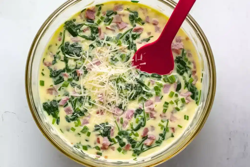 Bowl of whisked eggs, spinach, ham, and cheese being mixed with a red spatula for muffin tin mini quiches.