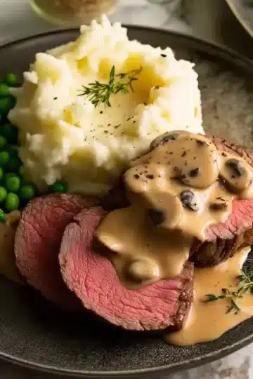 Beautifully plated beef tenderloin with creamy mushroom sauce on dark ceramic plate, served with fluffy mashed potatoes and bright green peas for special occasion dinner