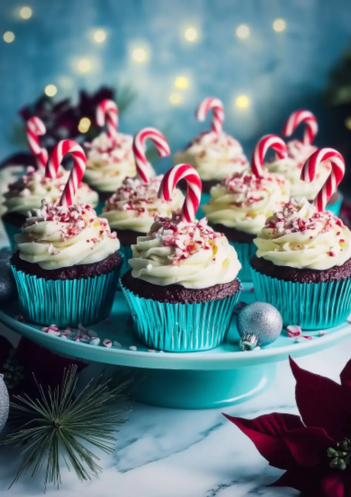 Array of candy cane cupcakes with swirled cream cheese frosting and crushed peppermint on turquoise pedestal stand, featuring burgundy poinsettias, pine branches, and glowing Christmas lights in background