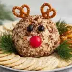 Reindeer cheese ball with pretzel antlers, olive eyes, and red nose served on a marble platter with crackers, pine sprigs, and cranberries
