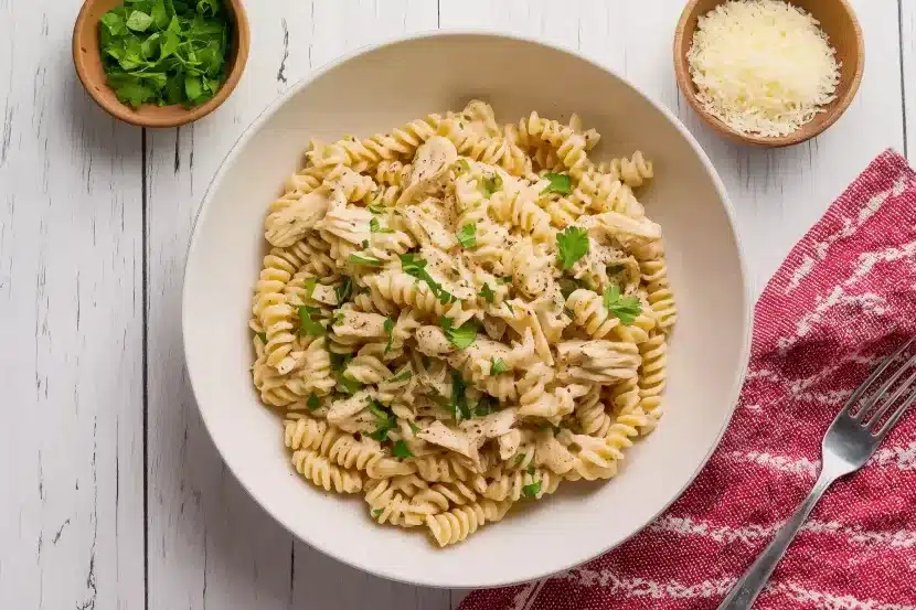 Overhead shot of creamy garlic parmesan chicken pasta in white bowl with wooden bowls of fresh parsley and grated parmesan cheese, red striped napkin and fork on white wooden surface
