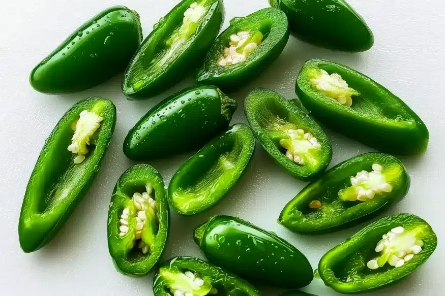 Fresh green jalapeño peppers cut lengthwise in half with seeds and membranes removed, arranged on a white surface ready for stuffing
